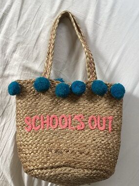 Anthropologie Straw Tote with Teal Pom-Poms and Pink 'SCHOOLS OUT' Embroidery